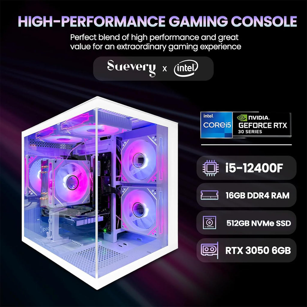 suevery Desktop Computers,16G RAM,512GB NVMe SSD,Core i5-12400F,RTX 3050 6G,Prebuilt Gaming PC,Tower Computer Gamer White WiFi 6 Home