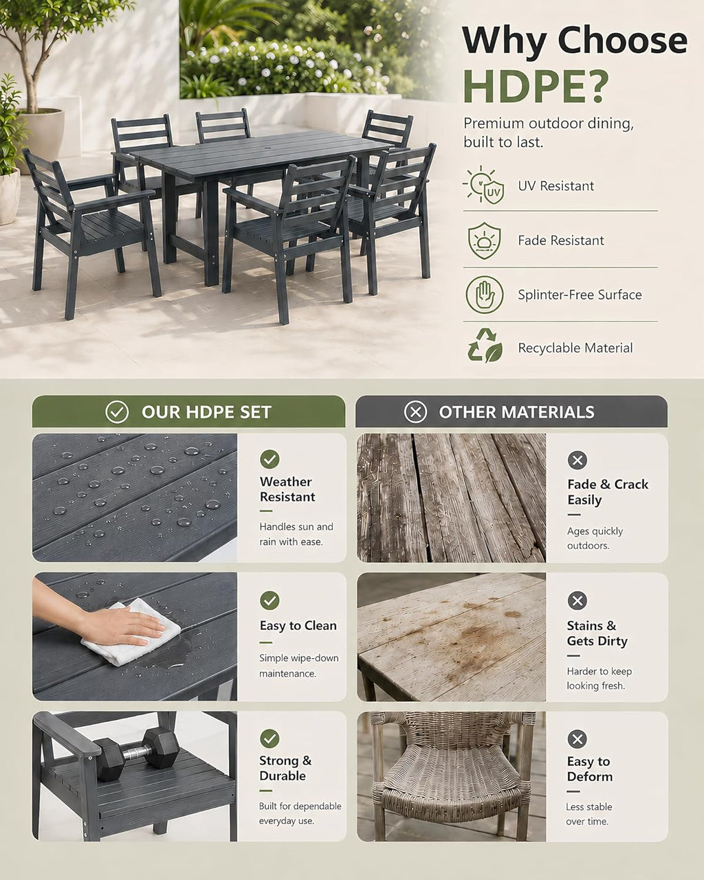 7 Piece HDPE Outdoor Dining Set for 6, Patio Dining Furniture Set with 2” Umbrella Hole, Weather Resistant Outdoor Table and Chairs for Garden, Poolside, Backyard, Deck