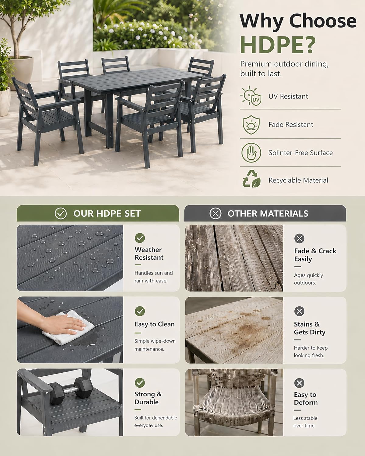 7 Piece HDPE Outdoor Dining Set for 6, Patio Dining Furniture Set with 2” Umbrella Hole, Weather Resistant Outdoor Table and Chairs for Garden, Poolside, Backyard, Deck