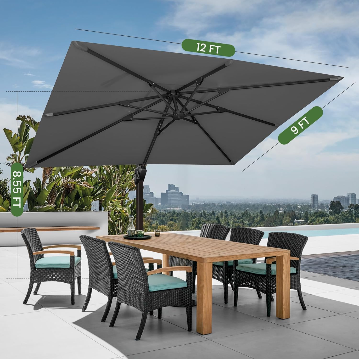 9' X 12' Cantilever Patio Umbrella Rectangular Outdoor Large Offset Umbrellas with 7 Tilts Adjustable 360°Rotation for Deck Pool Garden Backyard, Grey