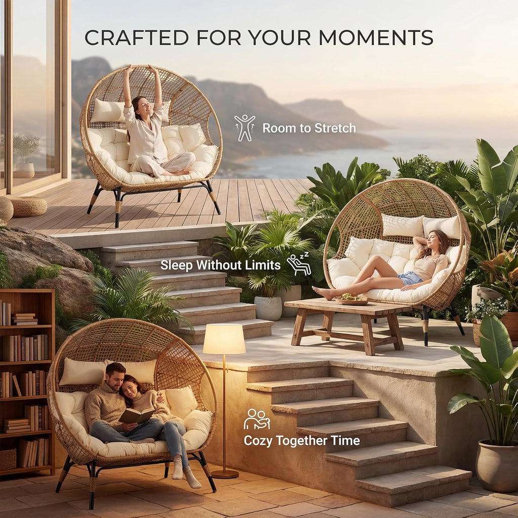 NICESOUL® Double Egg Chair Indoor Outdoor Stationary Oversized 6.5" Thick Padded Cushions,2 Person Egg Wicker Loveseat Chair, Extra Large Lounge Chair for Patio Balcony Porch Backyard Beige