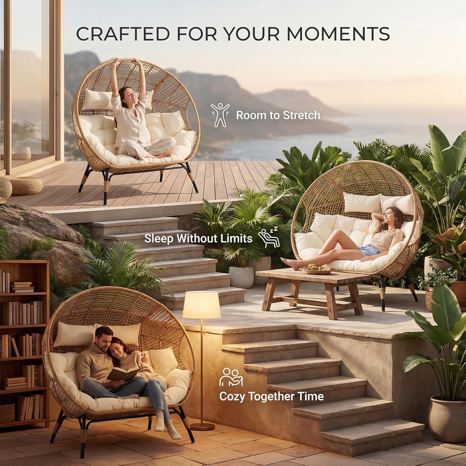 NICESOUL® Double Egg Chair Indoor Outdoor Stationary Oversized 6.5" Thick Padded Cushions,2 Person Egg Wicker Loveseat Chair, Extra Large Lounge Chair for Patio Balcony Porch Backyard Beige