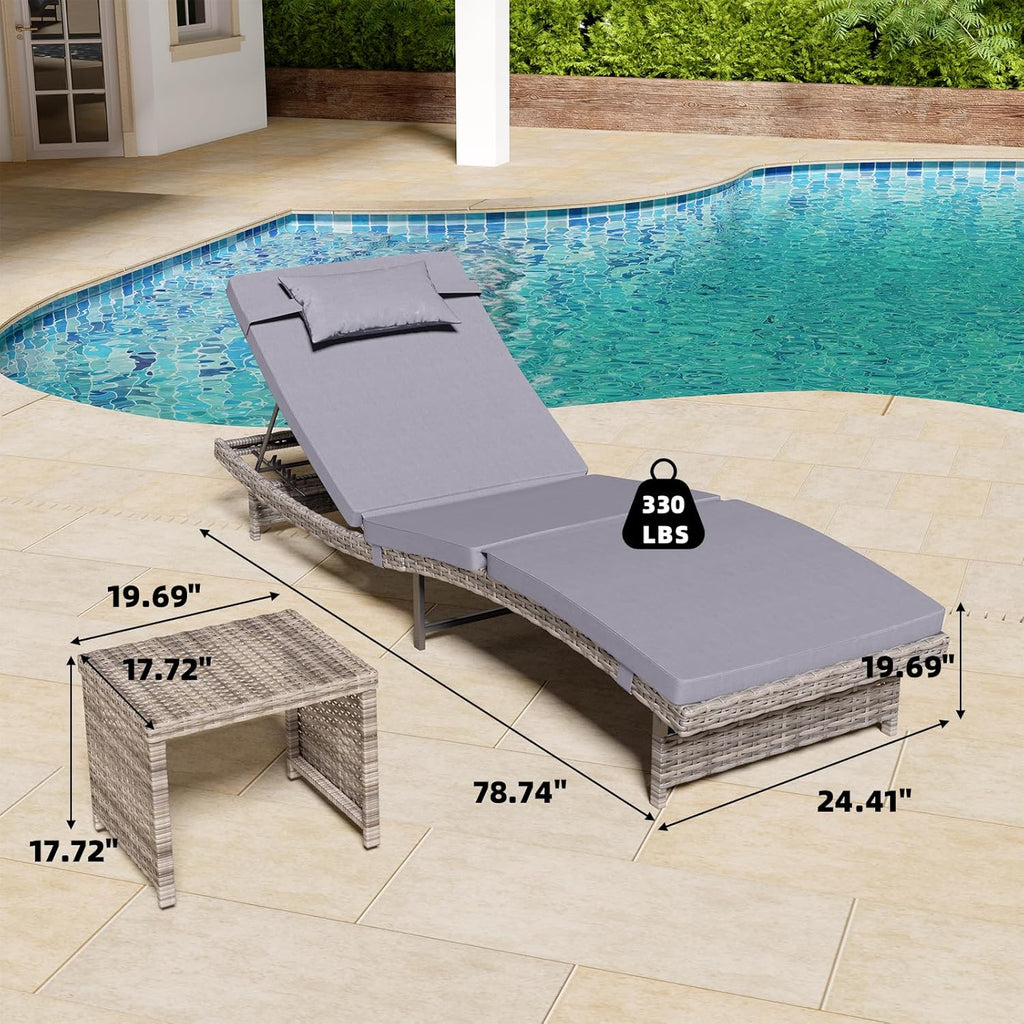 Long Reclining Chair Lounge Set (Set of 3), Modern Outdoor Patio Furniture with Adjustable Backrest & Side Table, Durable PE Wicker, Weather-Resistant Cushions, Grey