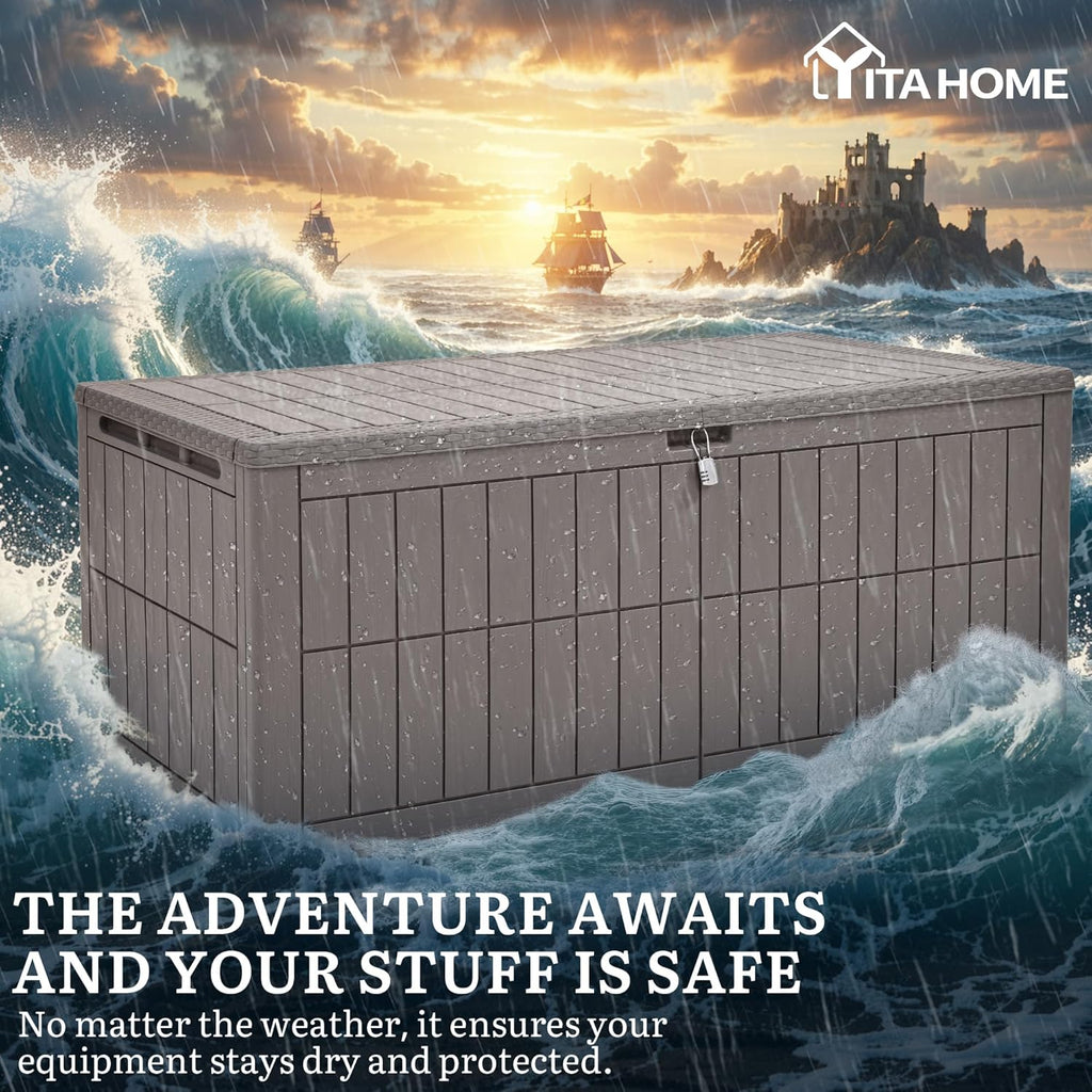 YITAHOME XL 200 Gallon Large Deck Box, Waterproof Resin Outdoor Storage Box with Lock and 3-Person Bench Seating for Patio Furniture Cushions,Garden Tools & Pool Accessories, Light Brown