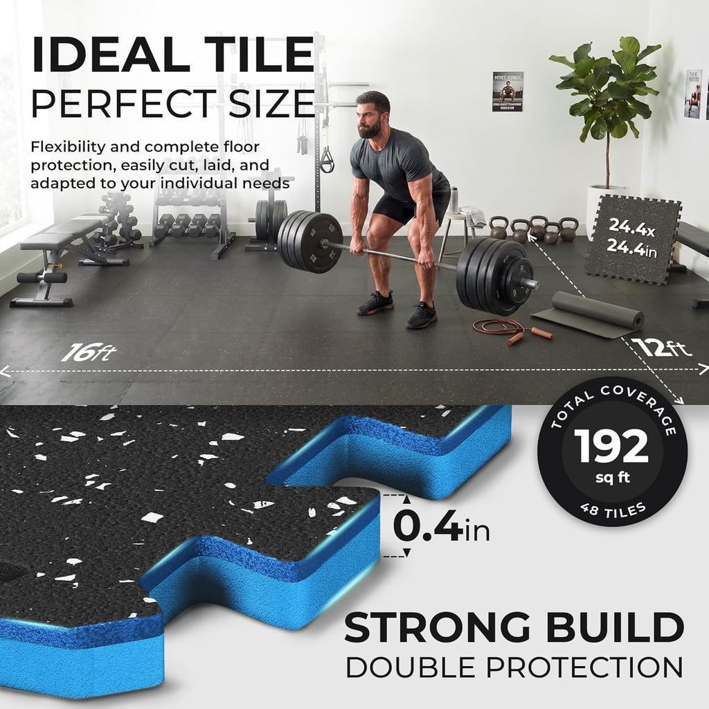 bemaxx Gym Mats Set - 48 pcs EVA Interlocking Foam Floor Tiles (24.4"x24.4"x0.4") 192 sqft Protective Gym Flooring Sports Home Workout Exercise Mats Puzzle Garage Fitness Play-Room Pool Treadmill Bike