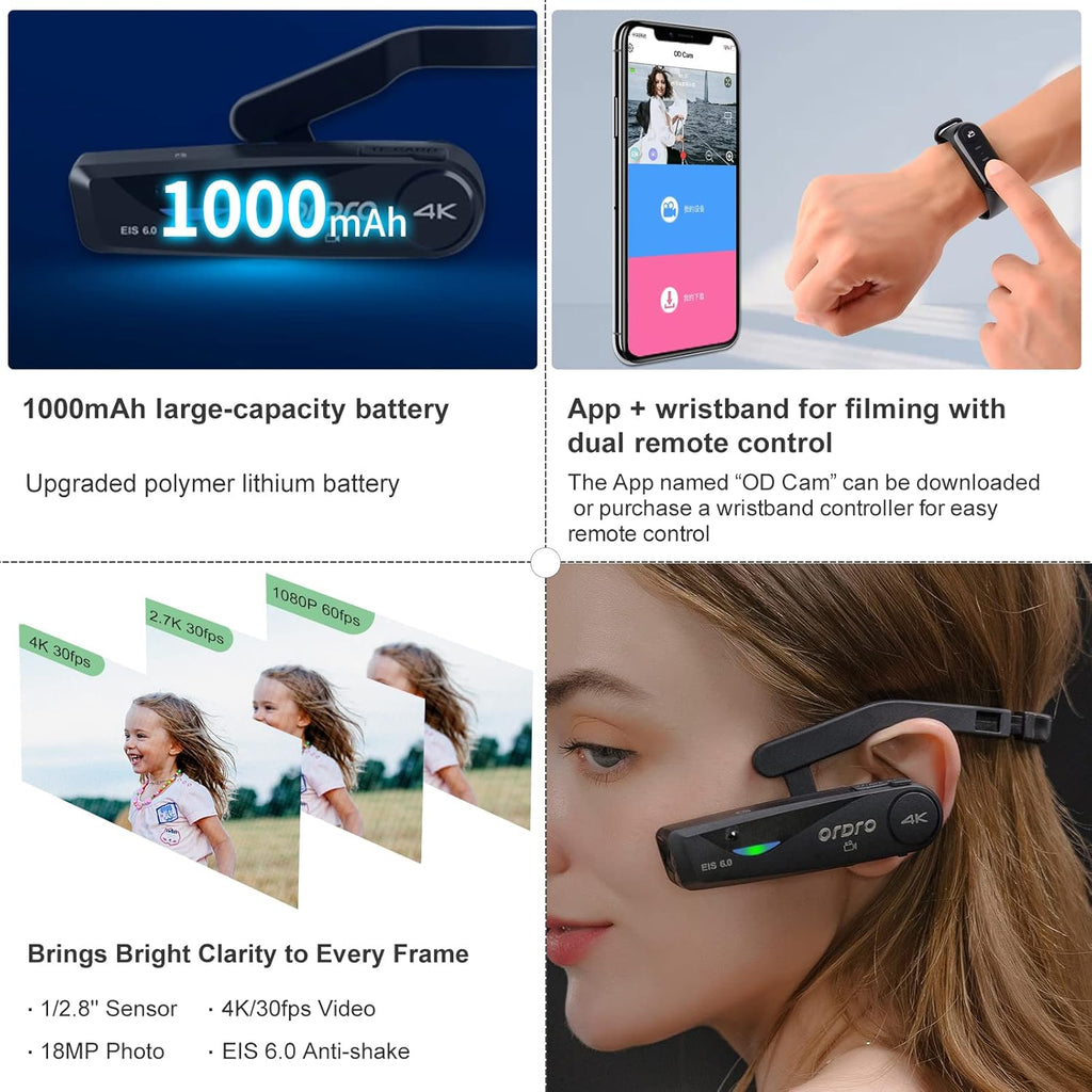 ORDRO EP6 Plus 4K Video Camcorder Wearable Vlog Camera, Vlog Video Camera UHD 1080P 60FPS Hands-Free Head Mounted Camera with EIS 6.0 Anti-Shake, 32G Micro Memory Card, Smart Remote