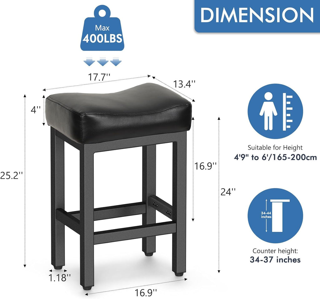 Raynesys Counter Height Bar Stools Set of 2, 24 Inch Barstools for Kitchen Island Counter, Bonded Leather Kitchen Stools with Thick Saddle Seats & Heavy Duty Metal Base, Easy Assembly, All Black