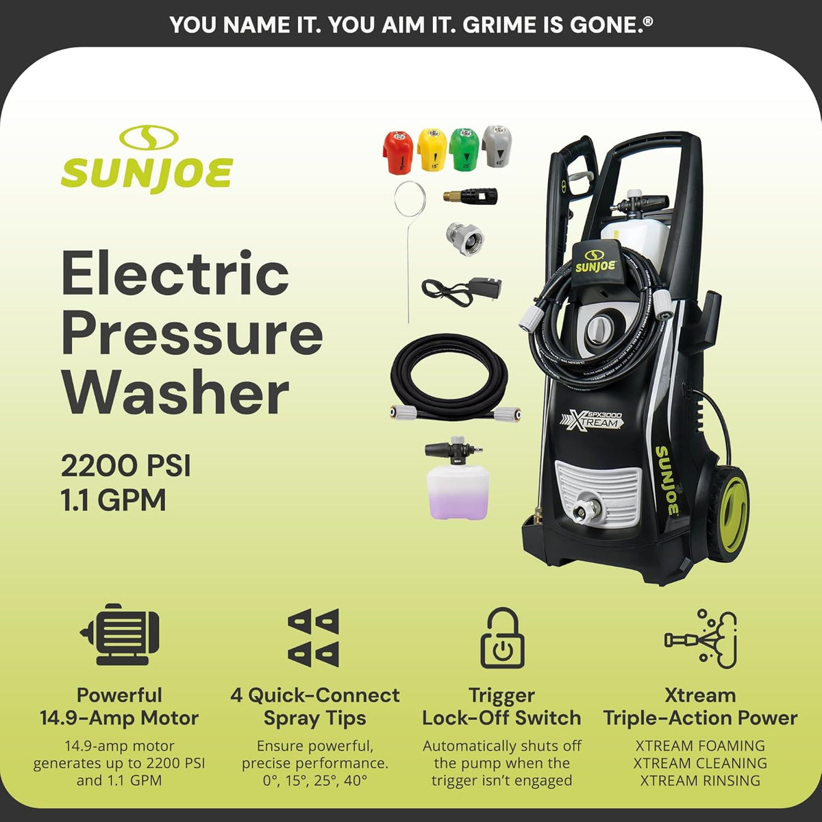 Sun Joe SPX3000-XT XTREAM 2,200 PSI Pressure Washer with 14.9A Motor, Includes 4 Quick-Connect Nozzles, High-Pressure Hose, Garden Hose Adapter, and 35-Foot Power Cord