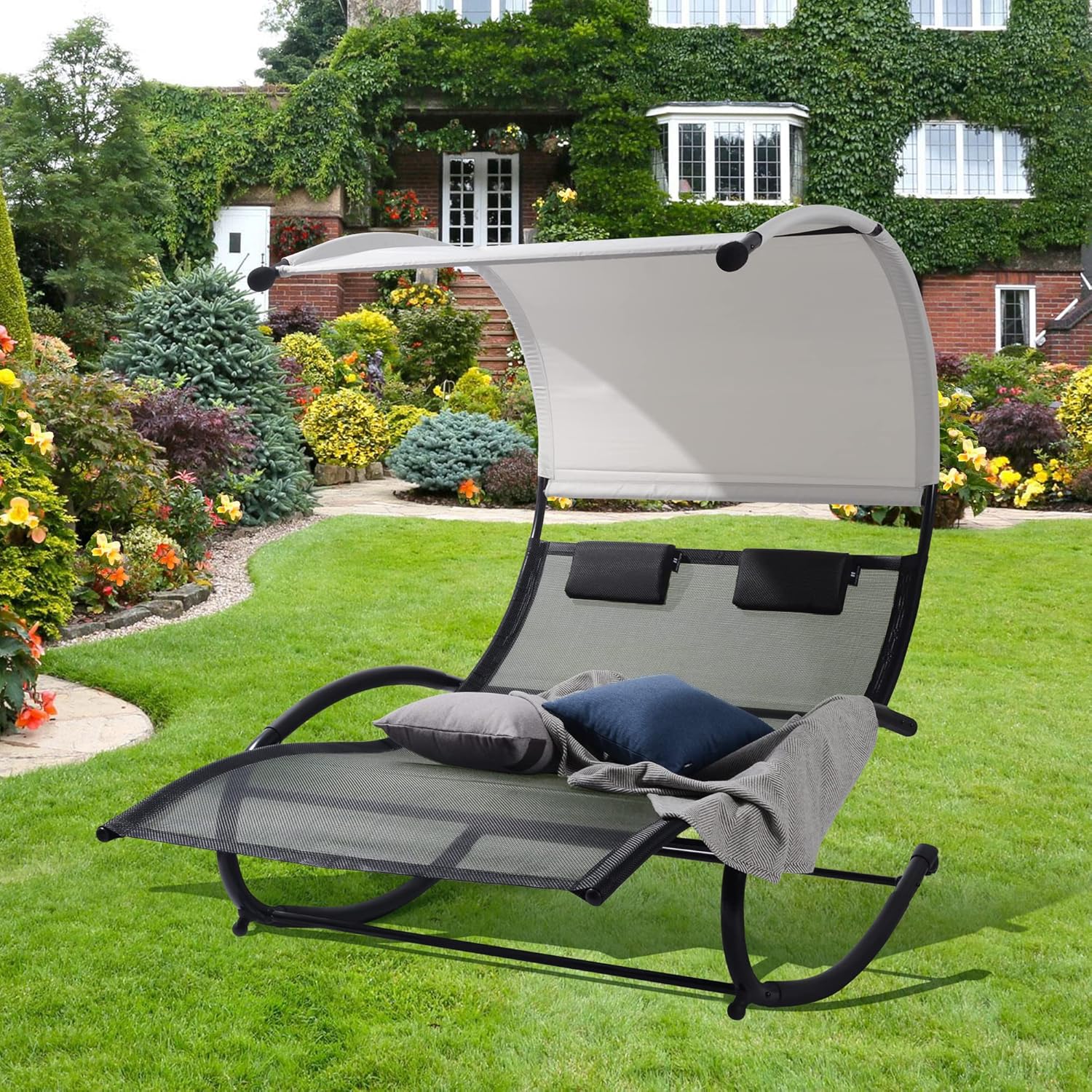 Double Chaise Lounge, Outdoor Bed Lounger with Sun Shade & Wheels, Double Lounge Chair with Canopy & Headrest Pillows for Patio, Yard, Lawn, Black