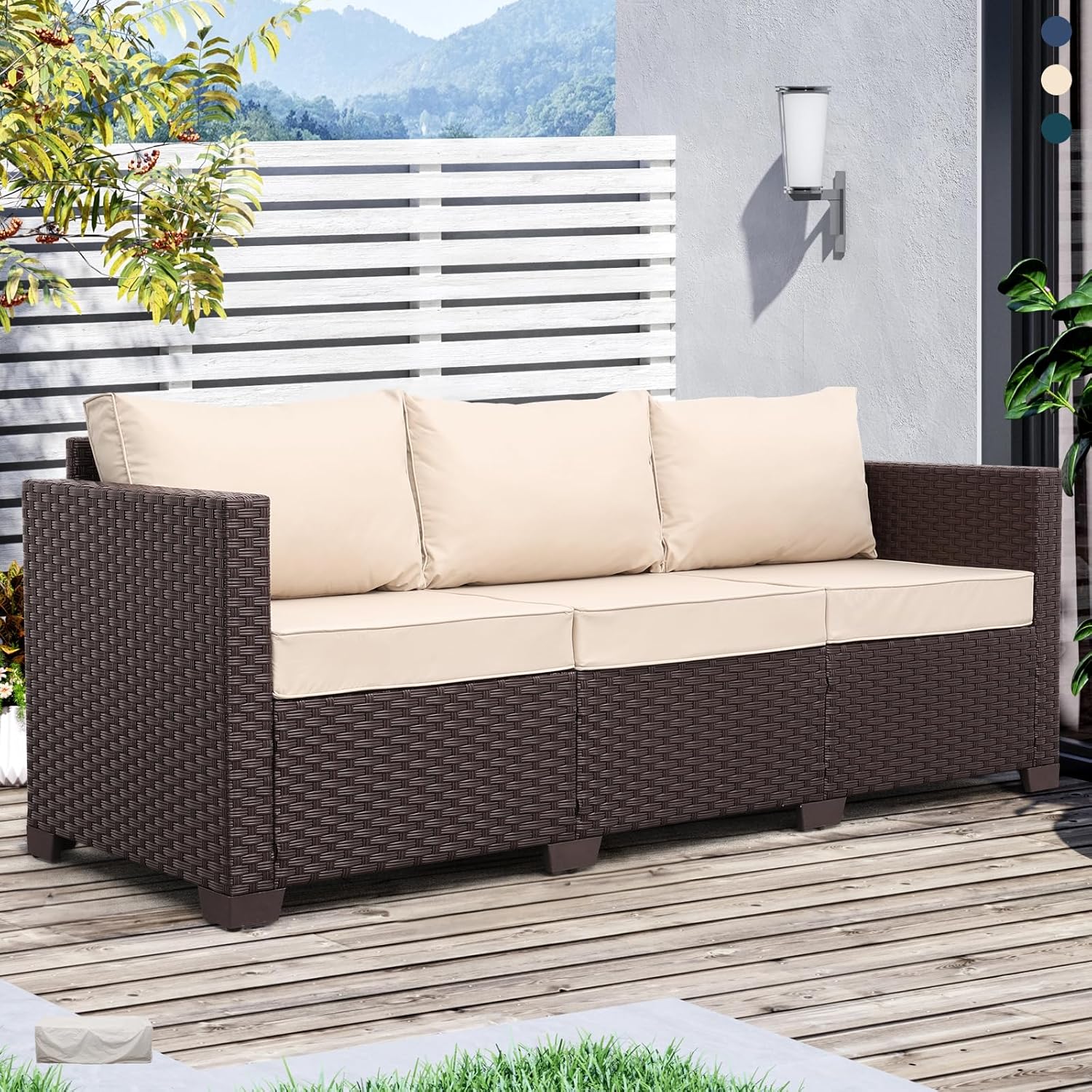 Oasishine Patio Furniture 3-seat Sofa Wicker Outdoor Furniture Outdoor Couch Deep Seat Hight Backrest Non-Slip Cushions, Khaki