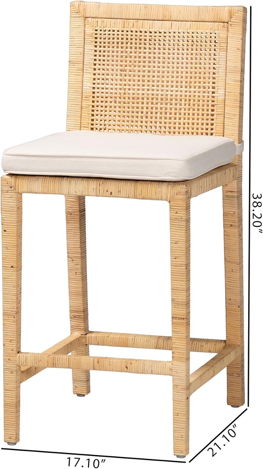 bali & pari Sofia Rattan Counter Stool with Mahogany Wood Frame - Handwoven Wicker Counter Chair with Removable Cushion, Light Honey