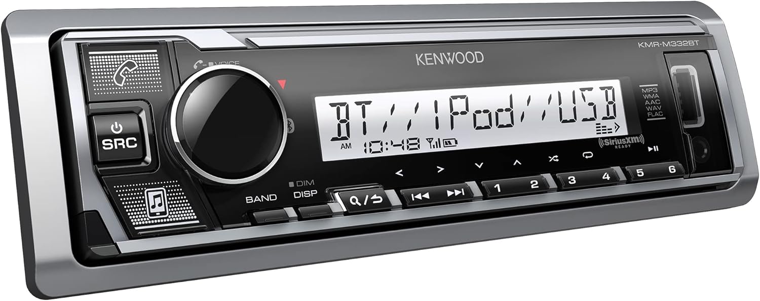 KENWOOD KMR-M332BT Car & Marine Stereo - Single Din, Bluetooth Audio, USB MP3, Aux in, AM FM Radio SiriusXM Ready, Weatherproof, Multi Color Illumination