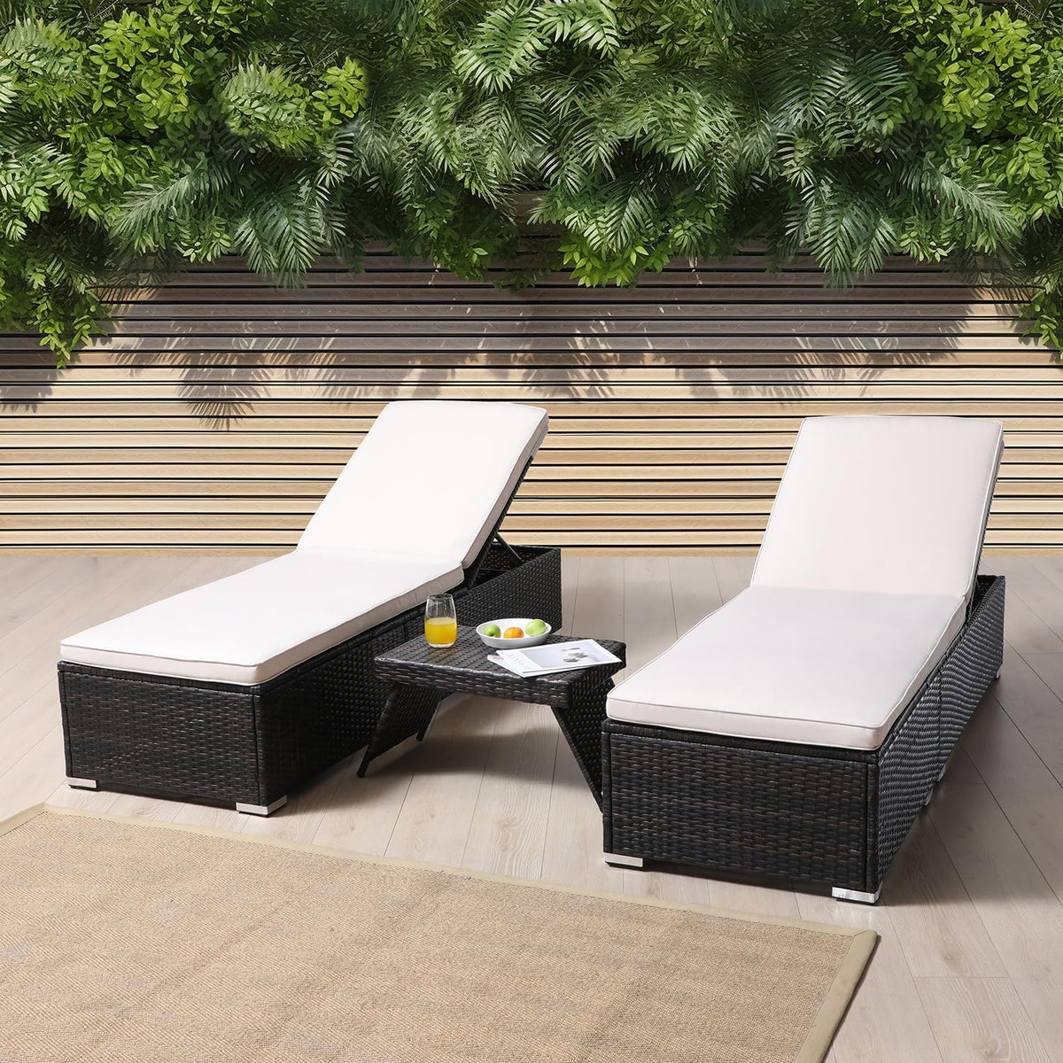 Outside Patio Adjustable Chaise Lounge and Side Table, Outdoor Wicker Lounge Chairs with Coffee Table, Folding Chaise Lounger with Cushions for Poolside Deck Lawn Beach Yard Pool