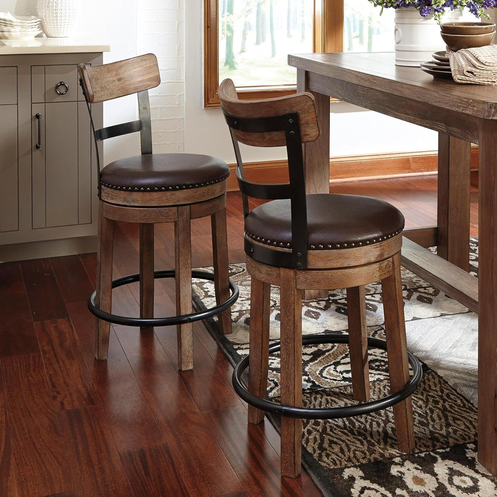 Signature Design by Ashley Pinnadel Bar Stool, Swivel Counter Height Stool Chair With Faux Leather Seat, Wood and Metal Frame for Kitchen Island With Seating, Light Brown