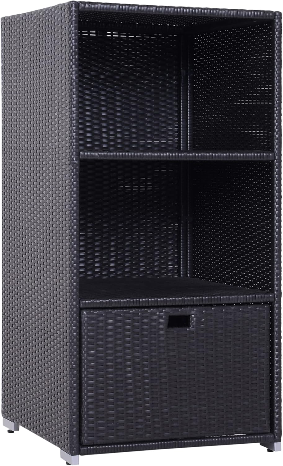 Outsunny Valet Pool Towel Rack, Waterproof PE Plastic Rattan Wicker Storage Organizer, Indoor Outdoor Spa, and Hot Tub Accessory Storage, 2 Shelves, 1 Basket Drawer, Espresso