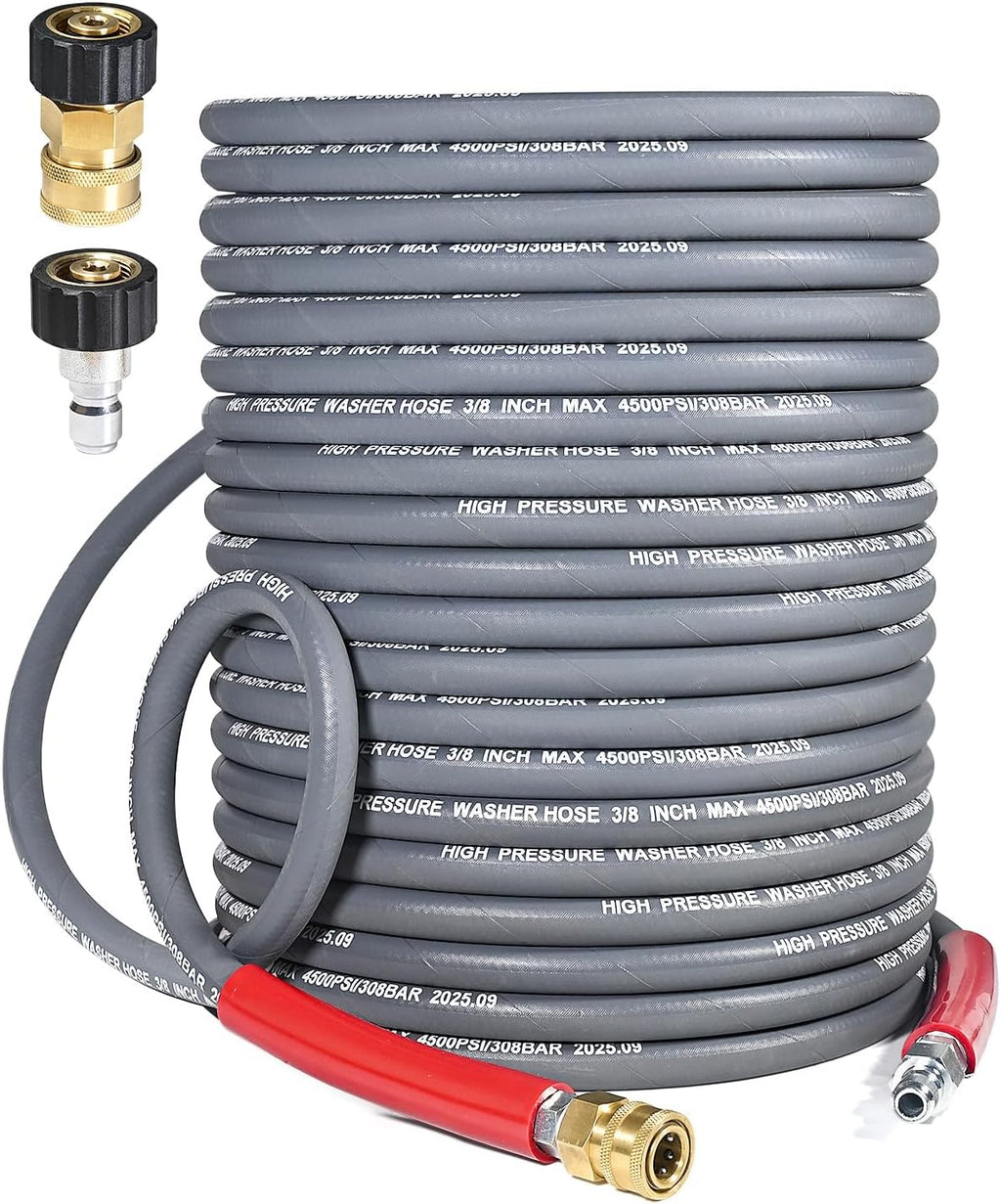 3/8″ Pressure Washer Hose 100 FT — 4500 PSI Steel-Braided Non-Marking Rubber | For Hot & Cold Water, Quick-Connect With M22 Fittings, Industrial-Grade Replacement for Gas Pressure Washers