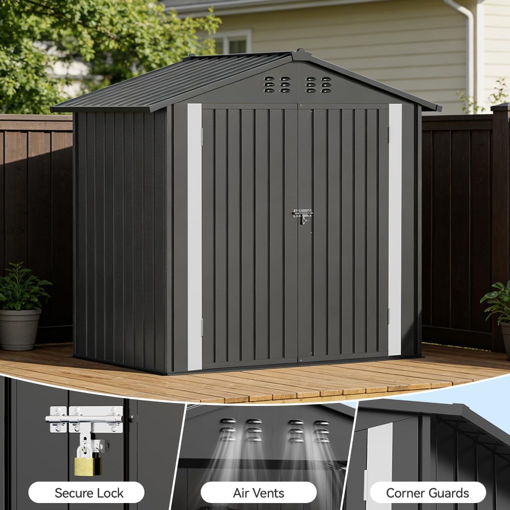 COMHOMA 6'x4' Shed Outdoor Storage Metal, Weatherproof Garden Utility Tool House with Lockable Doors & Adjustable Shelving, Ventilated Backyard Workshop,Grey
