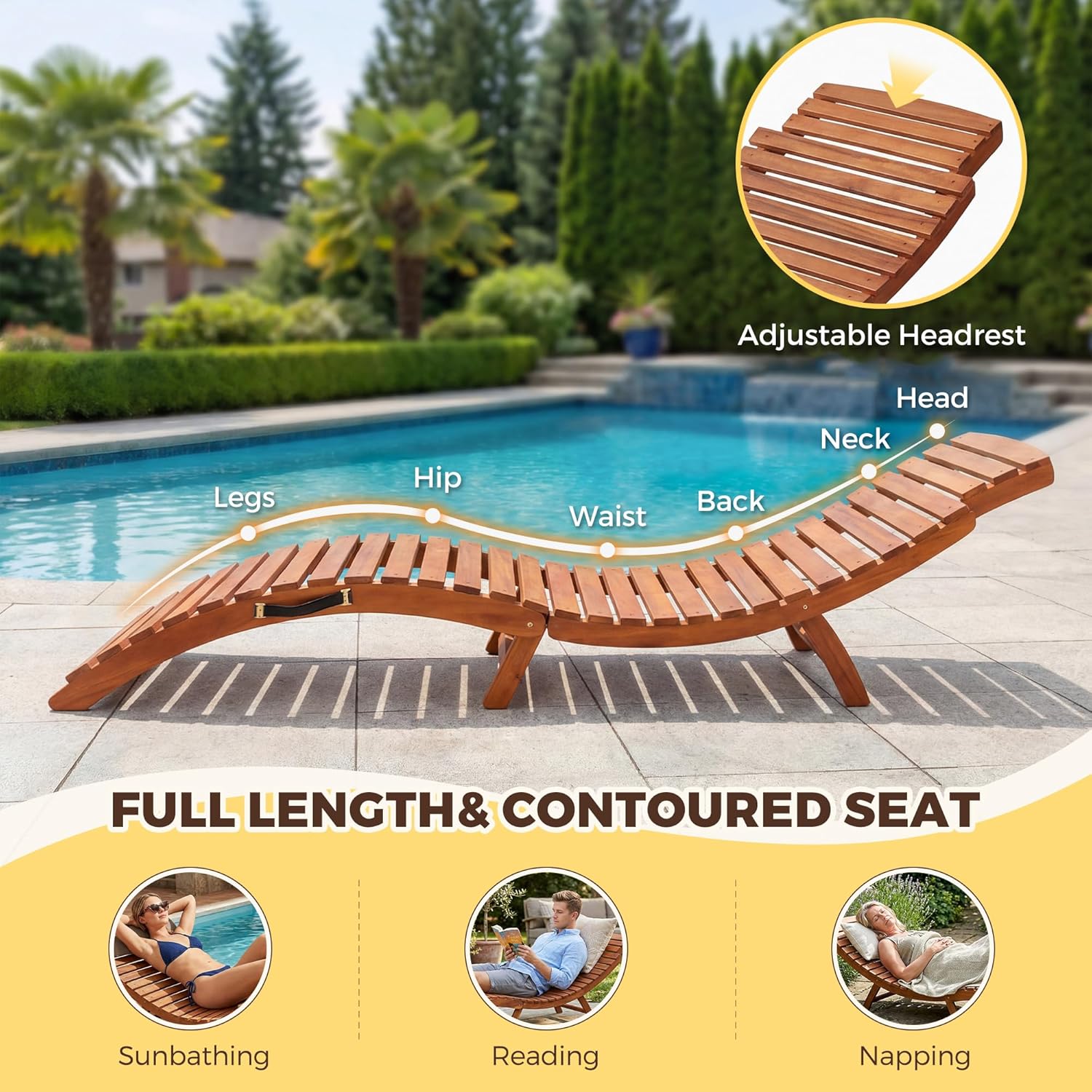Flamaker Lounge Chairs for Outside Folding Acacia Wood Chaise Lounge with Side Handle Sun Lounger for Poolside, Lawn, Backyard (2 Piece)