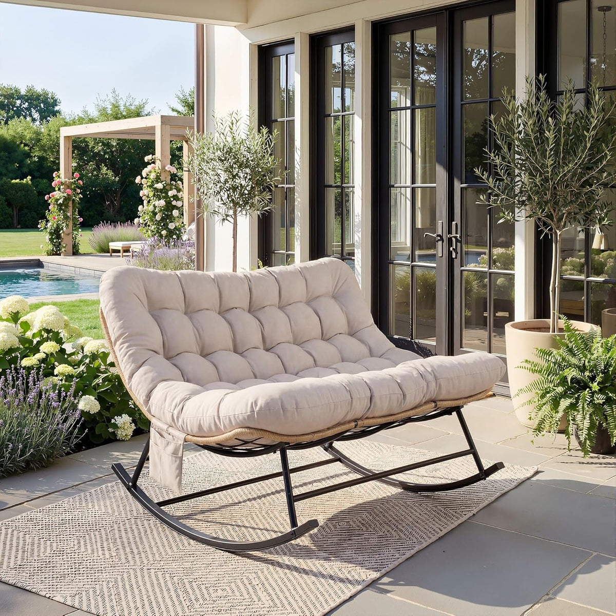 Heavy Duty Rocking Chair 450 Lbs Capacity Waterproof Fabric Indoor Outdoor Rocker with Thick Cushion Metal Frame for Patio Garden Living Room Double Seating Lounge Chair Modern Furniture Gray