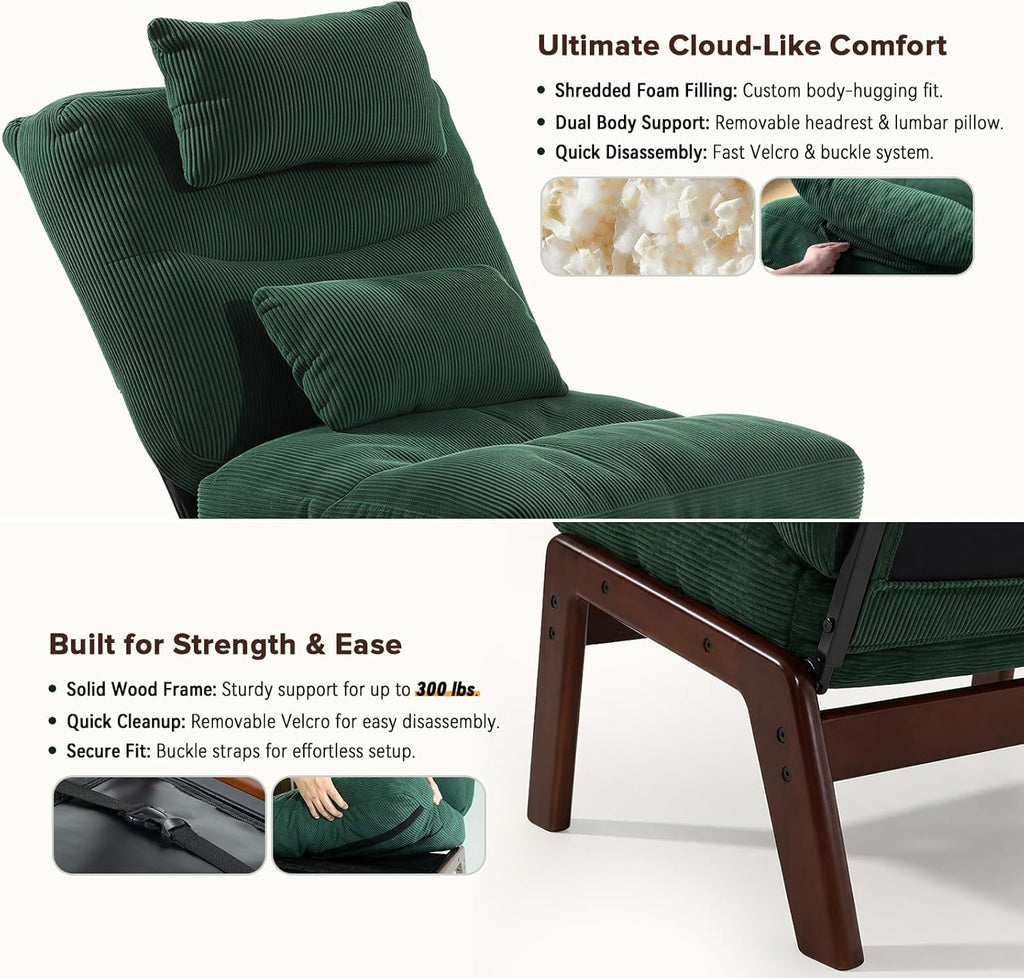 GEMBED Accent Chair with Ottoman Adjustable Backrest, Comfy Lounge Chair Single Sofa with Headrest Lumbar Pillow, Reading Chair with Footrest for Bedroom, Living Room, Garden, Green