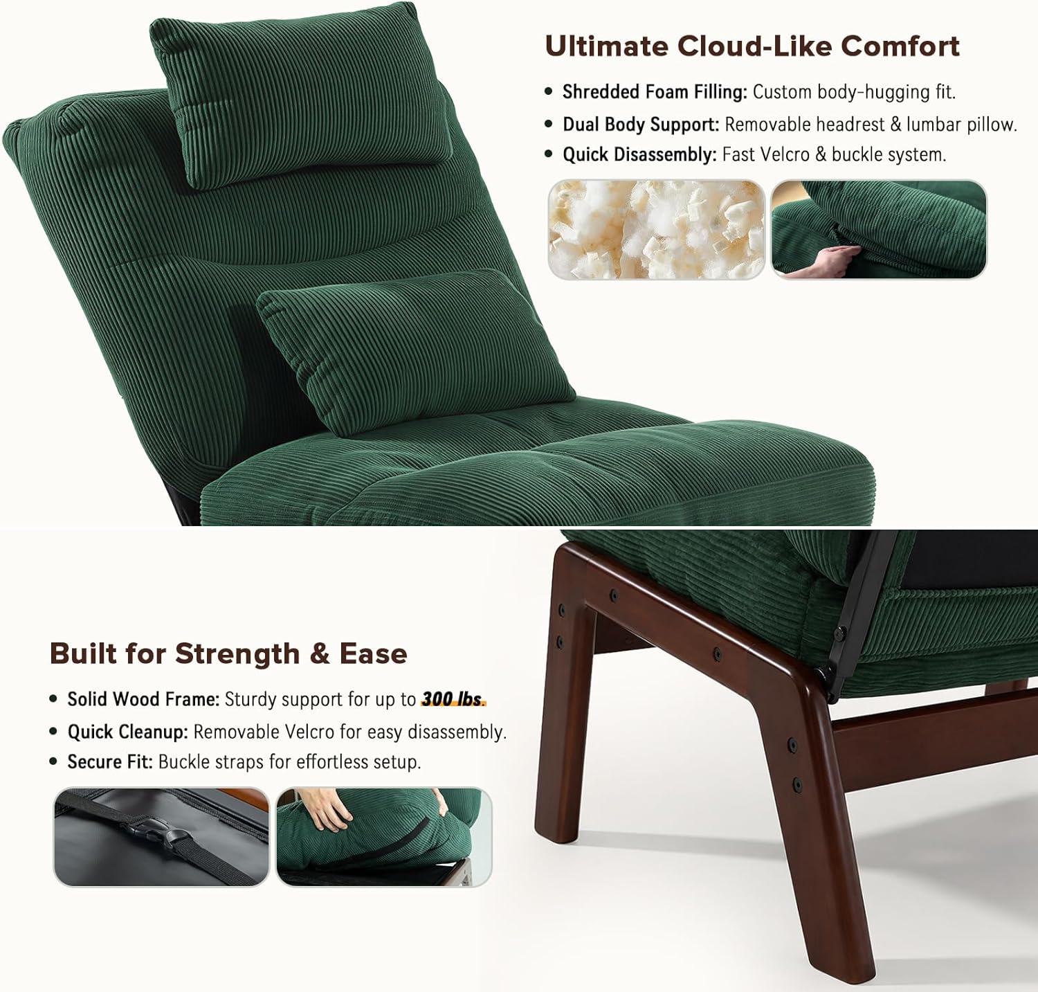 GEMBED Accent Chair with Ottoman Adjustable Backrest, Comfy Lounge Chair Single Sofa with Headrest Lumbar Pillow, Reading Chair with Footrest for Bedroom, Living Room, Garden, Green