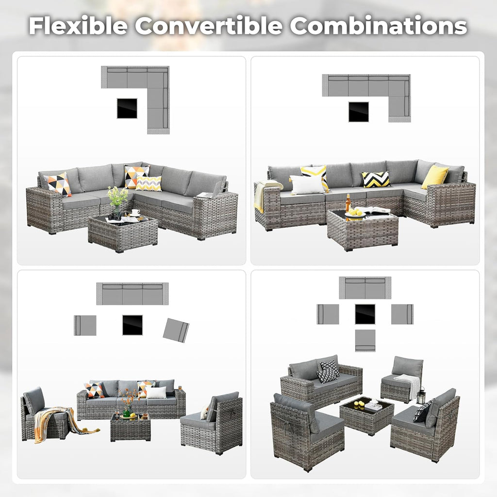 ovios 6 Pieces Patio Furniture Set, Outdoor Wicker Sectional Sofa with Coffee Table Comfy Cushions, Modern Modular Deep Seat Couch Rattan Conversation Set, Dark Grey