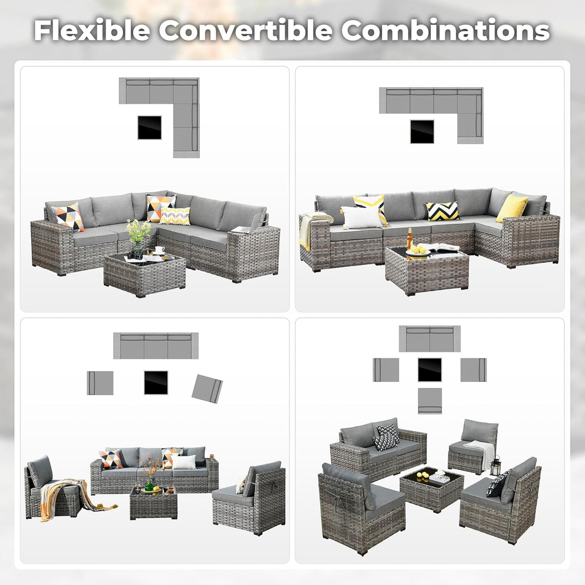 ovios 6 Pieces Patio Furniture Set, Outdoor Wicker Sectional Sofa with Coffee Table Comfy Cushions, Modern Modular Deep Seat Couch Rattan Conversation Set, Dark Grey