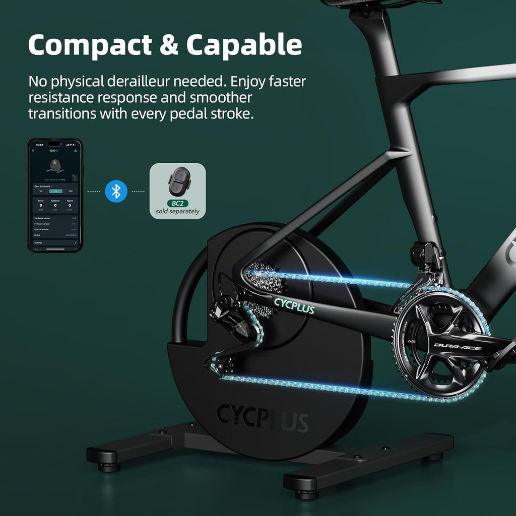 CYCPLUS R200 Smart Indoor Bike Trainer, 2200W Brushless Motor, 19% Gradient Simulator, Virtual Shifting, Uphill/Downhill Simulation, Super Silence for Realistic Indoor Cycling(Cassette Not Included)