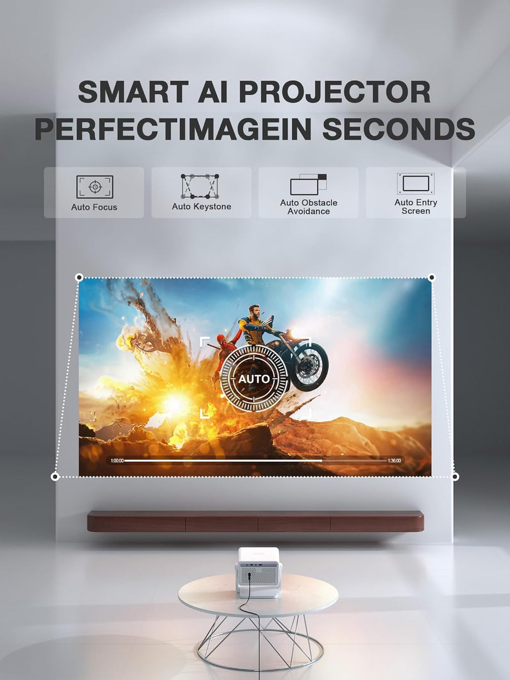 【Compatible with Netflix & Auto focus 】VISSPL Smart Projector with WiFi and Bluetooth, Auto Focus & Keystone Protable Mini Projector with Stand, 4K Home Theater Projector