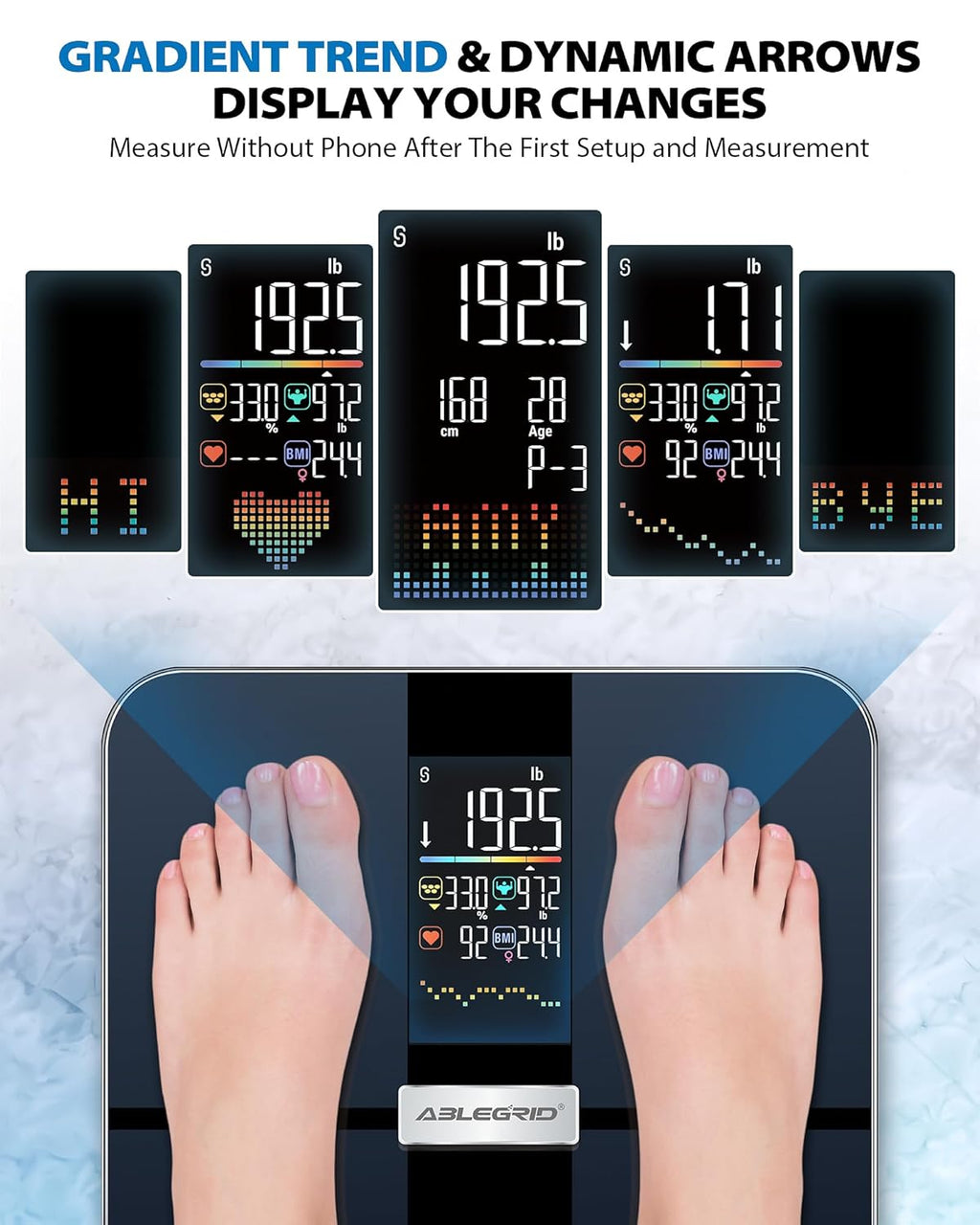 ABLEGRID Smart Body Fat Scale, Rechargeable Digital Bathroom Scale for Body Weight, Gradient Trends and Difference in Change Display, 22 Body Metrics, BMI, Muscle Mass, Heart Rate, Water Weight, 400lb