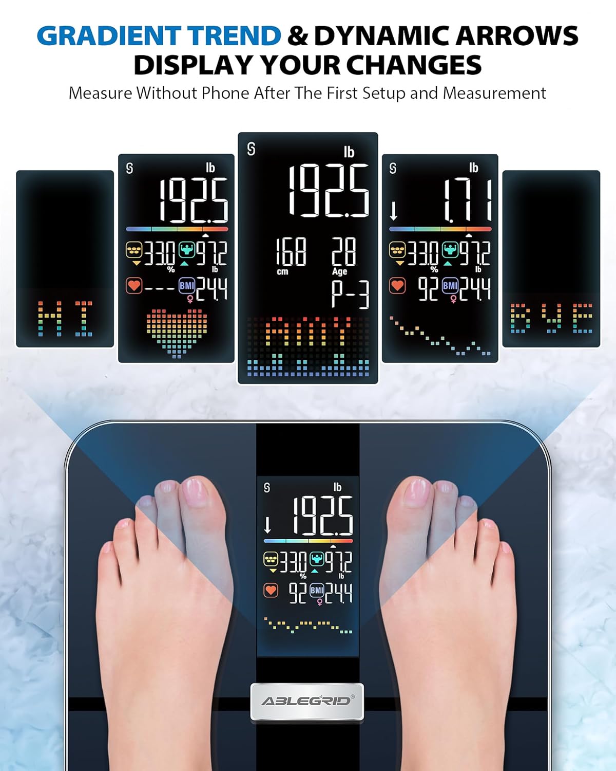 ABLEGRID Smart Body Fat Scale, Rechargeable Digital Bathroom Scale for Body Weight, Gradient Trends and Difference in Change Display, 22 Body Metrics, BMI, Muscle Mass, Heart Rate, Water Weight, 400lb