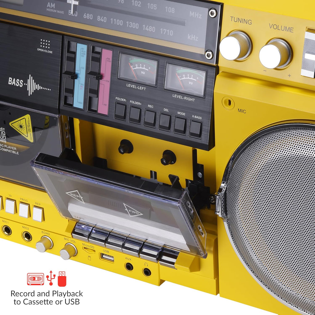 aiwa Retro Boombox CD Player with Cassette Recording, Bluetooth 5.0, FM/AM Radio, USB/SD/AUX Inputs, VU Meters, LCD Display, Dual 40W Speakers - Yellow