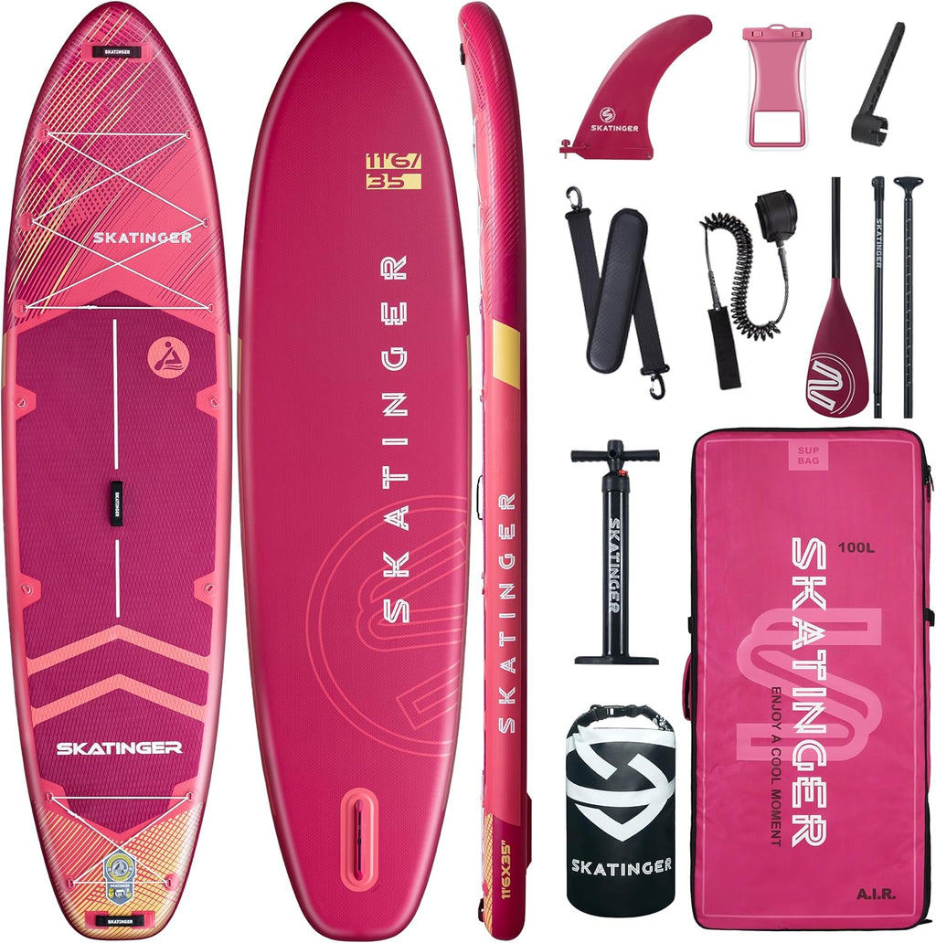 Skatinger 11'6×35" Super Wide Inflatable Paddle Board, Ultra Stable Stand Up Paddleboards for 450lb/3 People/Family/Big Size w/Shoulder Strap, 100L Backpack, Ultra-Light All-Round Sup Board