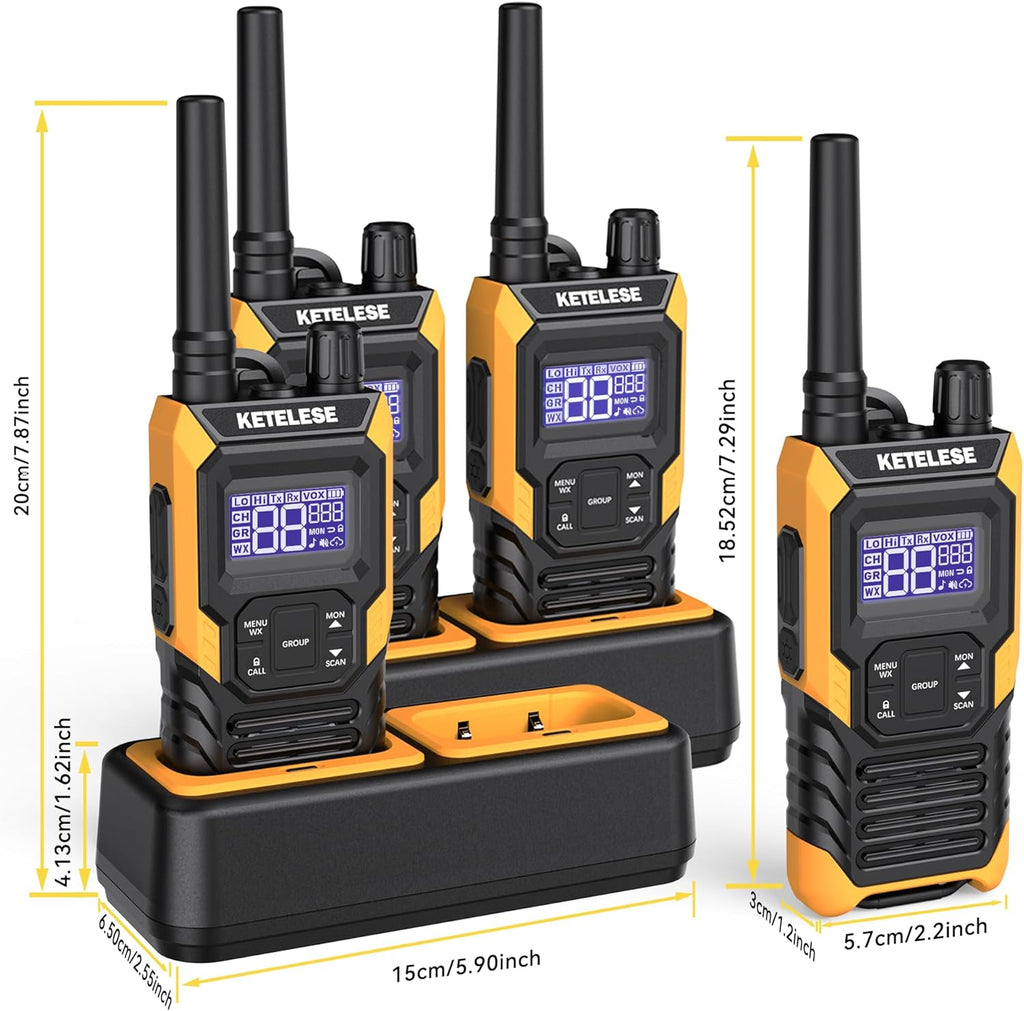 KETELESE T4 Long Range Walkie Talkies, Portable Two Way Radios IP67 Waterproof, with Earpiece, NOAA&Weather Alarm, PTT, Group, VOX, 4Pack, Orange