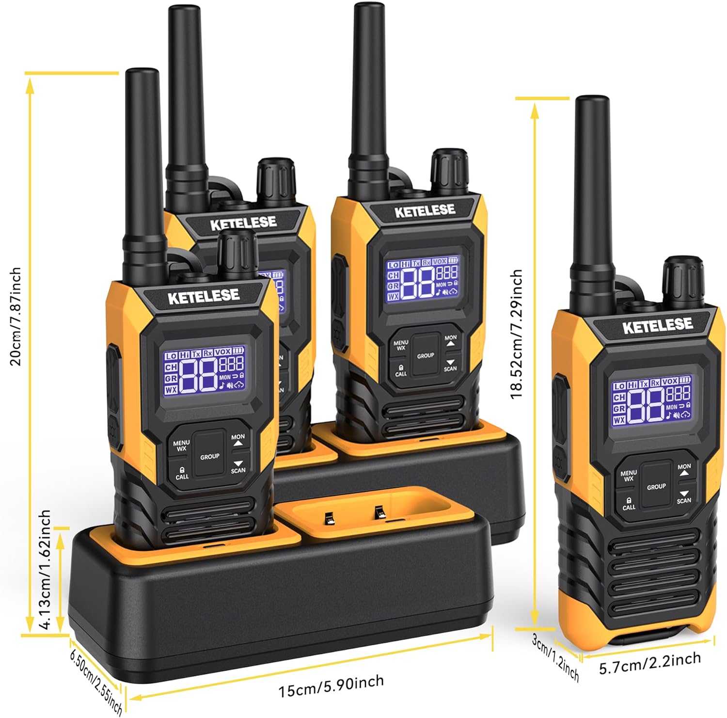 KETELESE T4 Long Range Walkie Talkies, Portable Two Way Radios IP67 Waterproof, with Earpiece, NOAA&Weather Alarm, PTT, Group, VOX, 4Pack, Orange