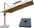 PURPLE LEAF 10 Feet Wood Pattern Square Patio Umbrella With Base Double Top Deluxe Umbrellas Cantilever Outdoor Umbrella Garden Deck Pool Umbrellas, Heather Beige