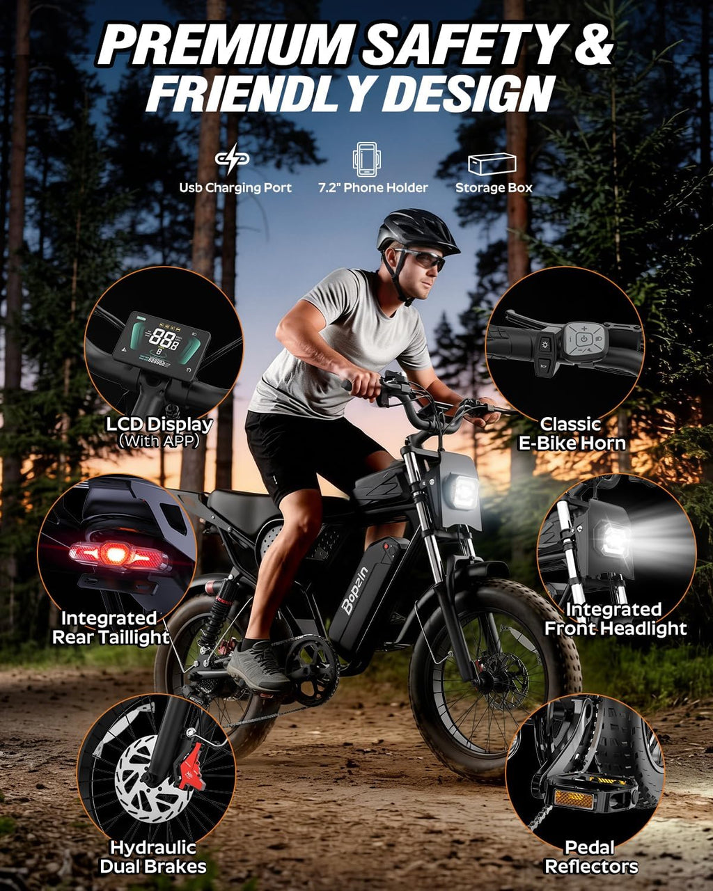 Bopzin Electric Bike for Adult 1500W Peak Motor, 35MPH Speed, 48V 25AH Removable Large Battery Up to 80 Miles Range, UL 2849 Certified, Dual Suspension, 20" Fat Tires E-Bike