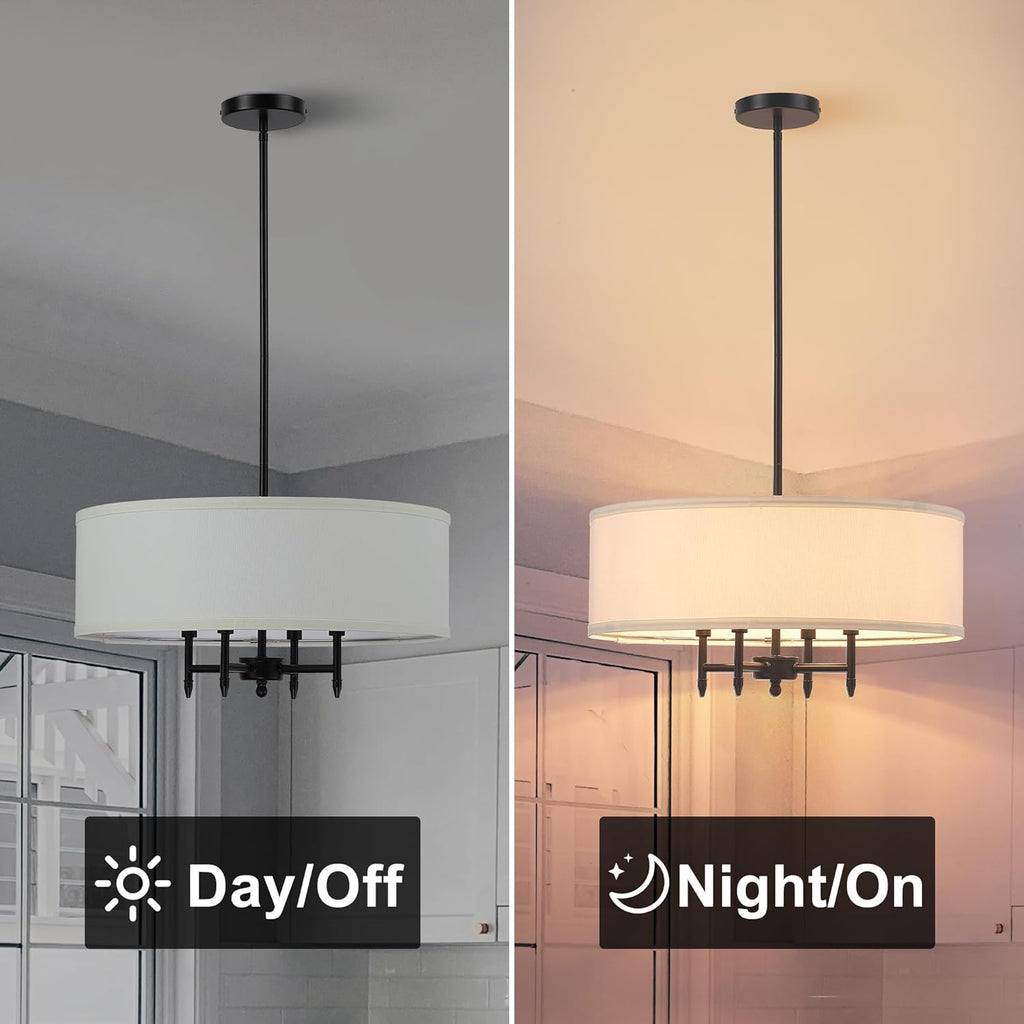 Untrammelife Drum Pendant Chandelier 4-Lights Black Ceiling Hanging Light Fixture with 20" White Shade, for Dining Room Living Room Bedroom Kitchen Island Stairway Hallway