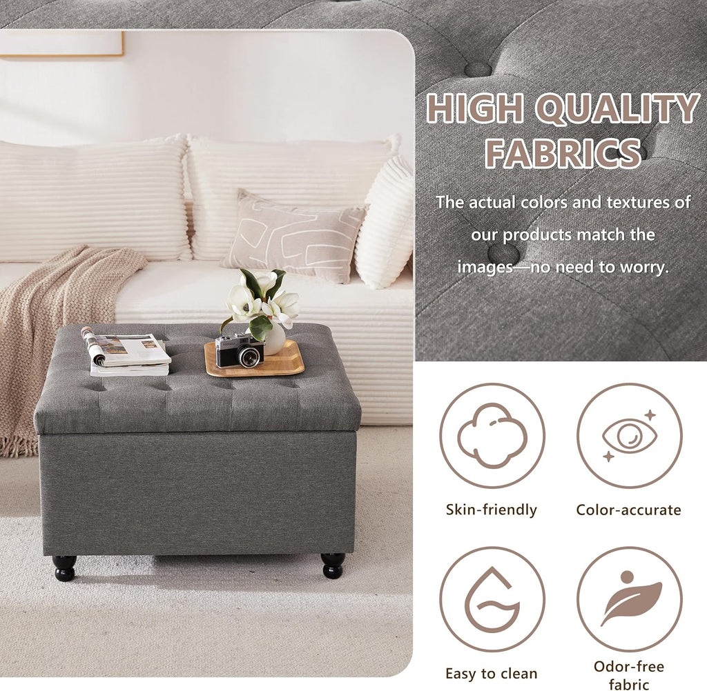 Weture 30 Inch Large Square Storage Ottoman Coffee Table, Oversized Square Ottoman with Storage, Tufted Upholstered Coffee Tables for Living Room (Fabric, Dark Grey)