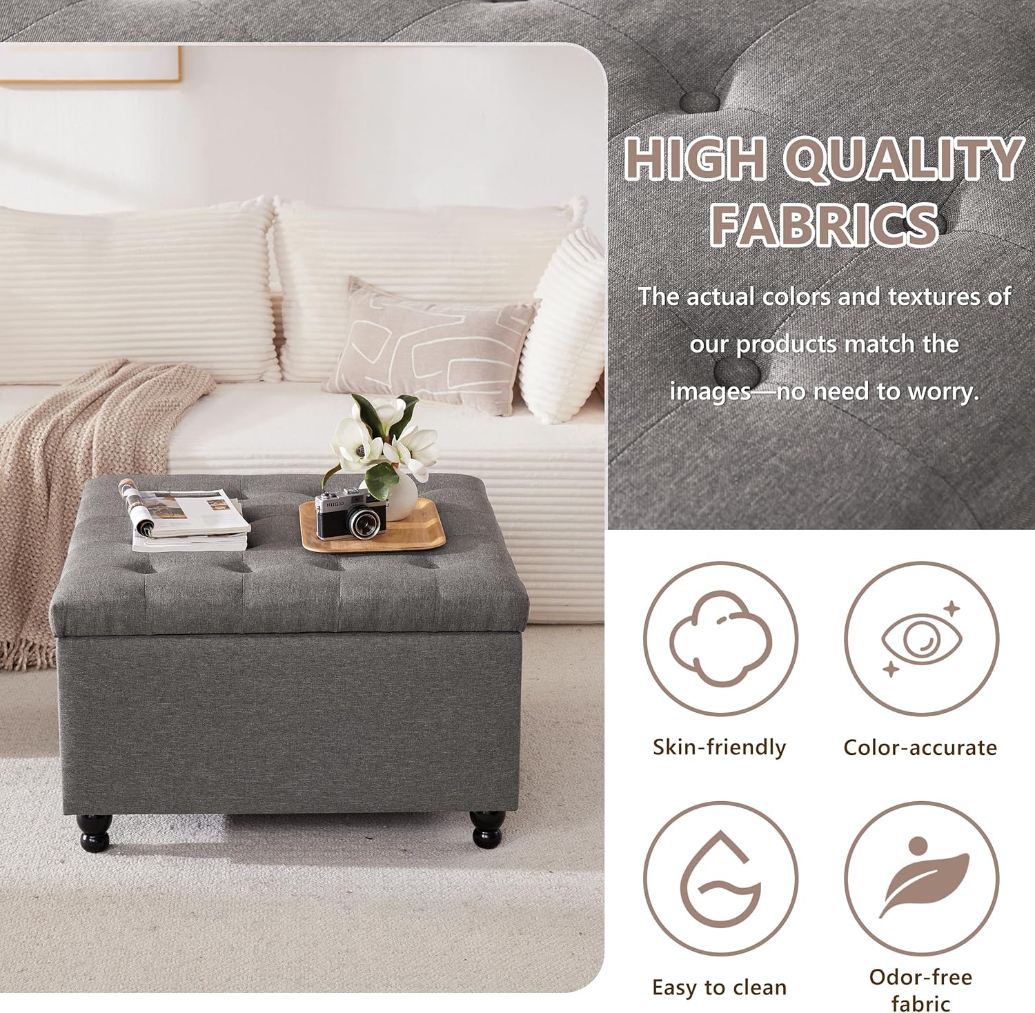 Weture 30 Inch Large Square Storage Ottoman Coffee Table, Oversized Square Ottoman with Storage, Tufted Upholstered Coffee Tables for Living Room (Fabric, Dark Grey)