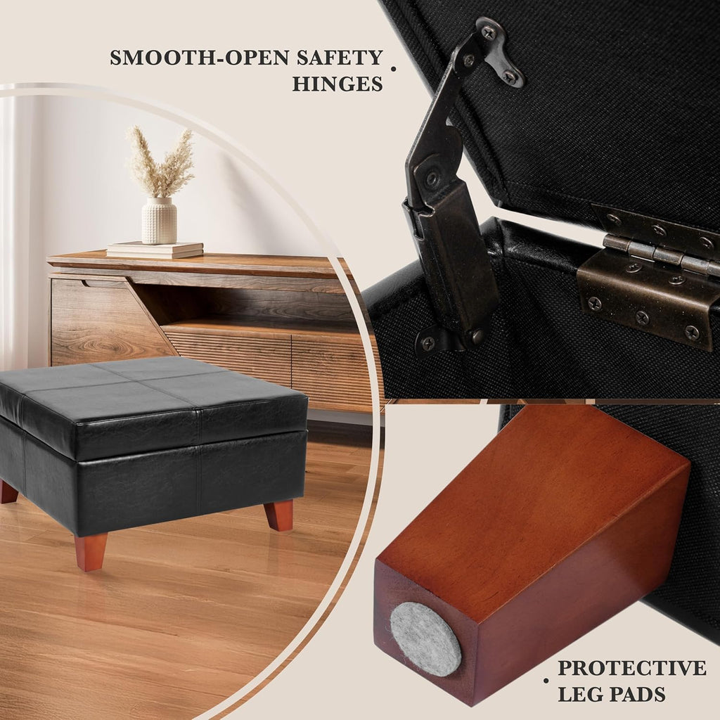 HomePop Faux Leather Square Storage Ottoman with Wood Legs, Black