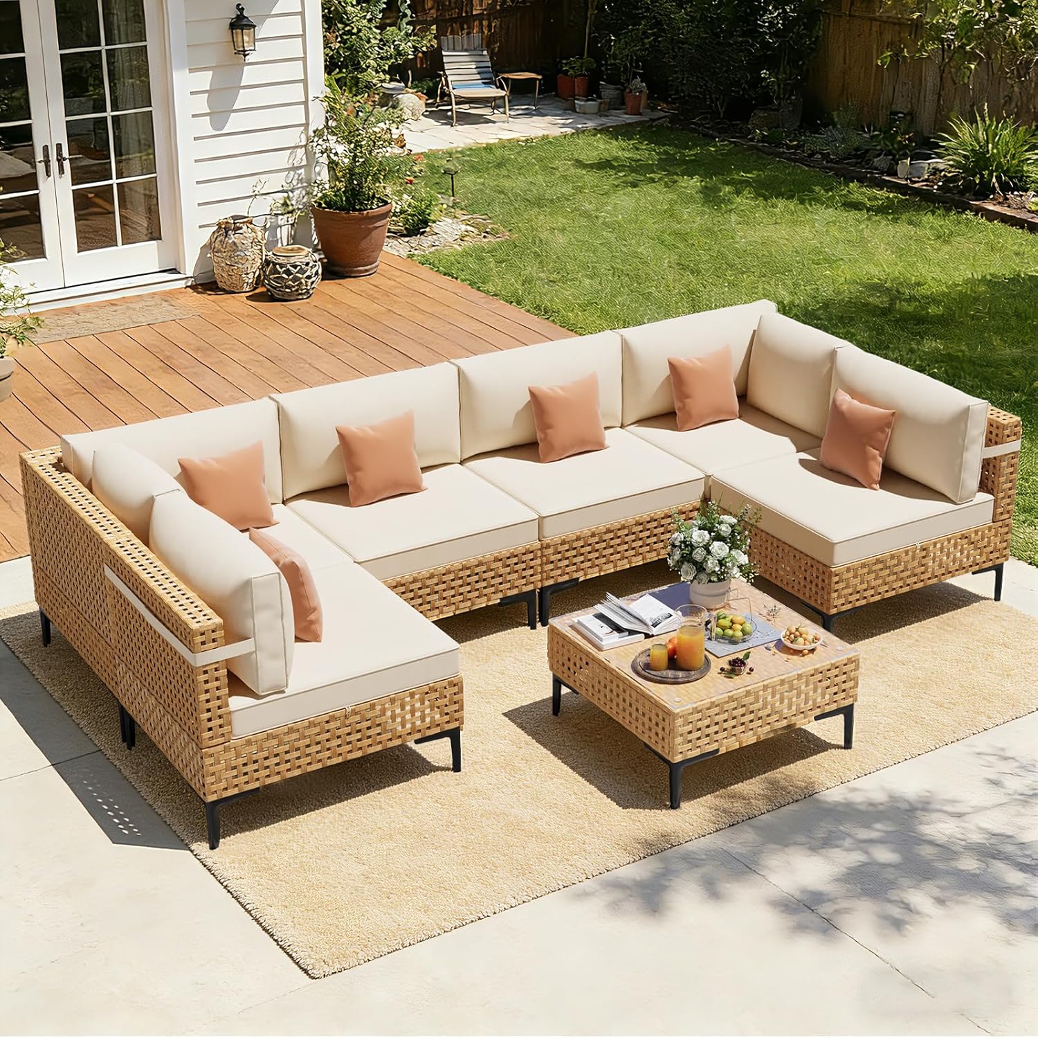 ABCASA Patio Furniture Set, 110" Large 7-Piece Wicker Outdoor Patio Furniture Sets with Anti-Slip Cushions & Coffee Table,Boho Patio Conversation Set Sectional Sofa for Backyard,Porch,Beige