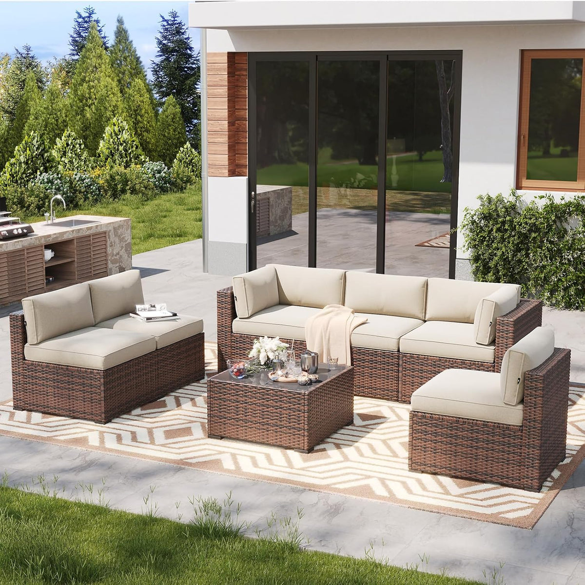 LazySunsets 7 Piece Outdoor Patio Furniture Set with Coffee Table, Outdoor Patio Furniture Sets with Thicken Cushion, Wicker Rattan Outdoor Conversation Set for Backyard & Garden, Beige