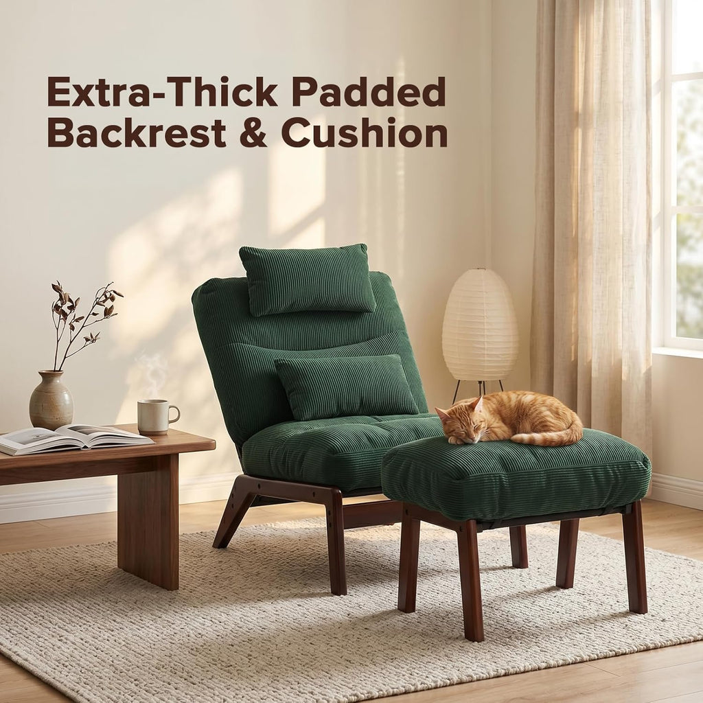 GEMBED Accent Chair with Ottoman Adjustable Backrest, Comfy Lounge Chair Single Sofa with Headrest Lumbar Pillow, Reading Chair with Footrest for Bedroom, Living Room, Garden, Green