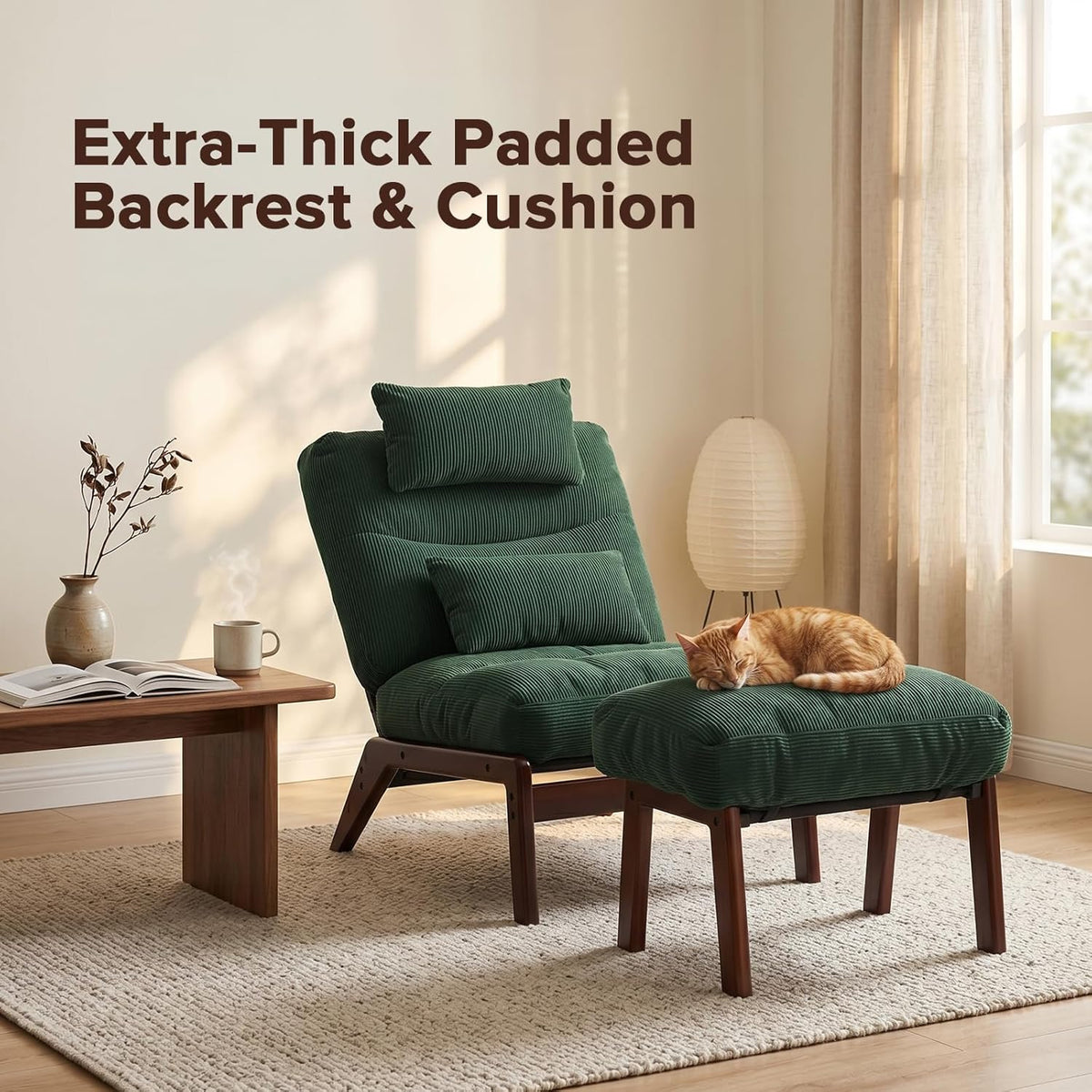 GEMBED Accent Chair with Ottoman Adjustable Backrest, Comfy Lounge Chair Single Sofa with Headrest Lumbar Pillow, Reading Chair with Footrest for Bedroom, Living Room, Garden, Green