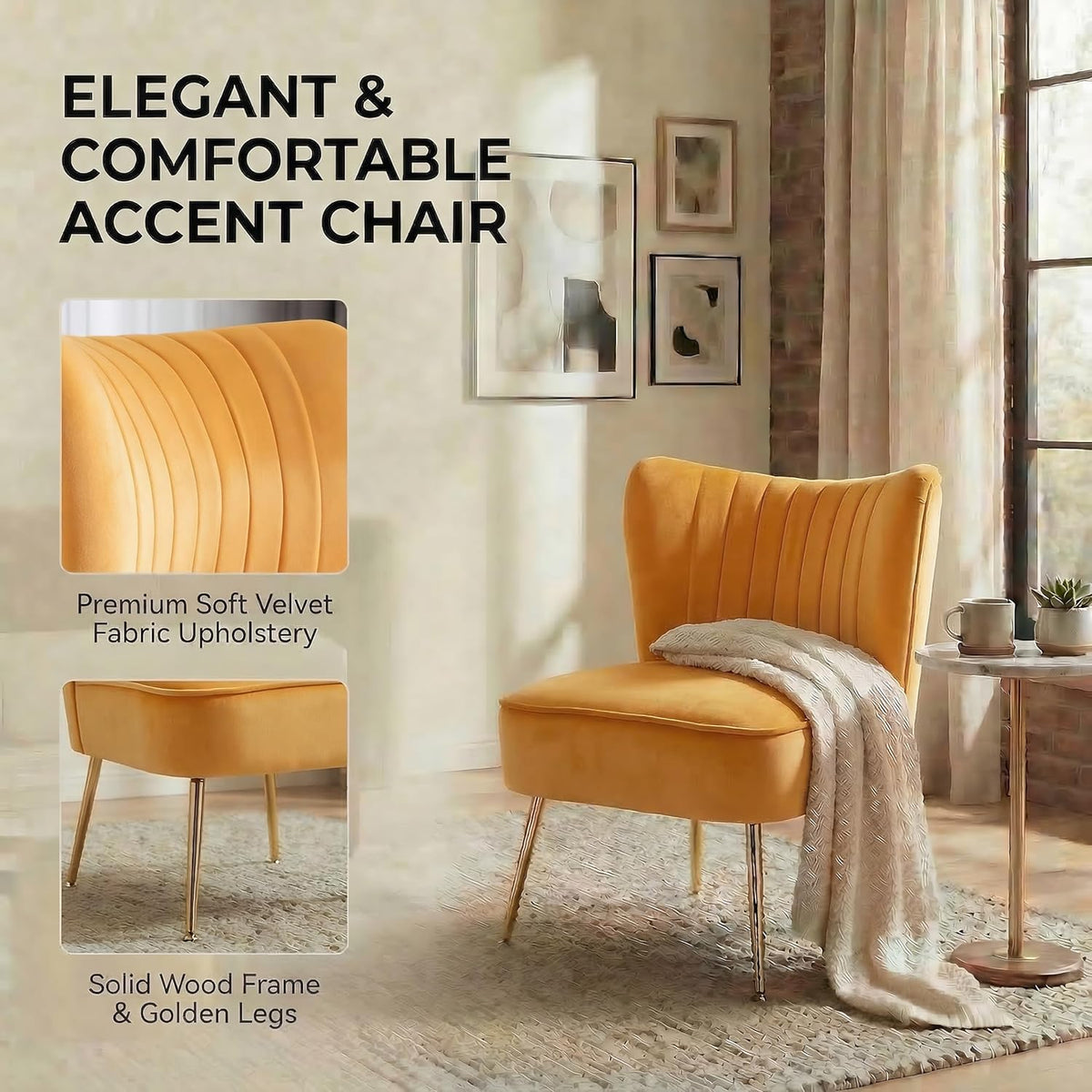 DUOMAY Modern Accent Chair Set of 2 Velvet Slipper Chair with Gold Legs Wingback Side Chair for Living Room Bedroom Entryway Small Corner Chair for Space Saving, Yellow