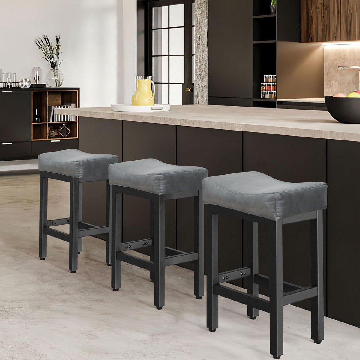 Raynesys Counter Height Bar Stools Set of 2, 24 Inch Barstools for Kitchen Island Counter, Bonded Leather Kitchen Stools with Thick Saddle Seats & Heavy Duty Metal Base, Easy Assembly, All Black