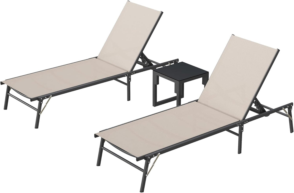 UDPATIO Foldable Patio Lounge Chair Sets with Side Table, No Assembly Outdoor Chaise Lounge with 5-Positions, Poolside Lounge Chairs with Portable Design for Pool, Beach, Deck, Backyard