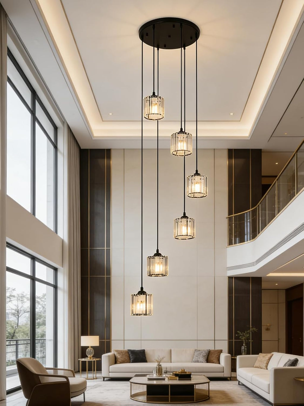 Long Chandeliers for High Ceilings,Modern Crystal Pendant Light,Raindrop Drop Lamp,Hanging Flush Mount Lighting Fixtures for Spiral Staircase,Foyer,Entryway,Living Room,Black (6 Lights)