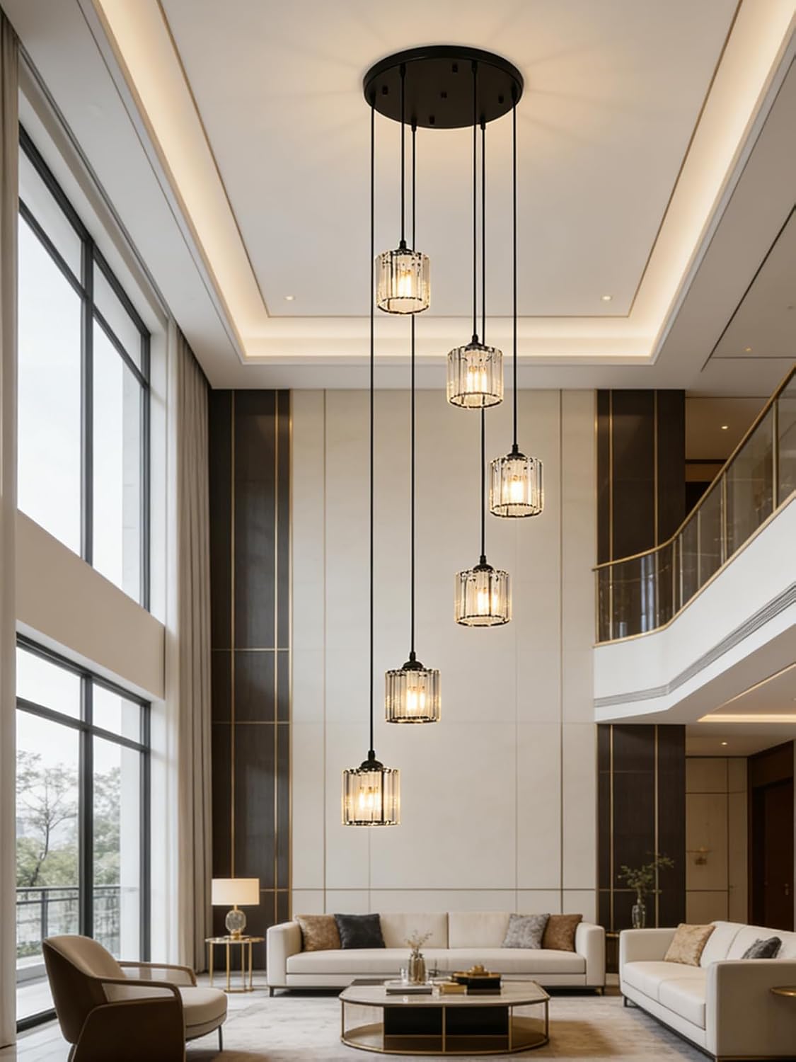Long Chandeliers for High Ceilings,Modern Crystal Pendant Light,Raindrop Drop Lamp,Hanging Flush Mount Lighting Fixtures for Spiral Staircase,Foyer,Entryway,Living Room,Black (6 Lights)